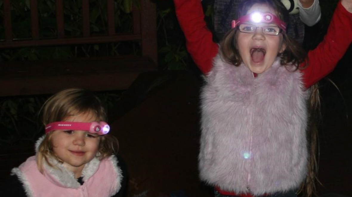 two girls with headlamps playing outside after dark games and ideas for kids